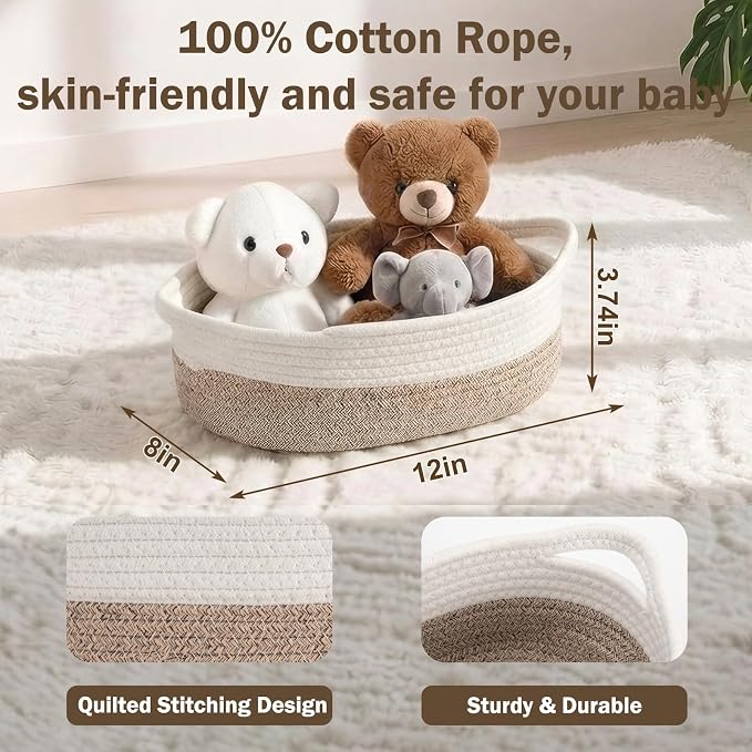 Basket for Gifts Empty, Small Woven Basket with Bags and Ribbons, Baby Toy Baskets with Handles, Wicker Storage Bin for Baby Showers or Pet Toy (White & Brown, 1 Pack (12"x 8"x 3.74"))