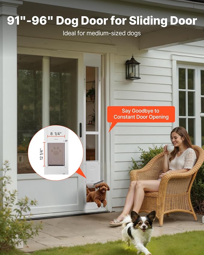 VEVOR Dog Door for Sliding Glass Door, 91 to 96 in Adjustable Height, Aluminum Alloy Frame with Metal Rotating Hinges, Lock Design, 8 1/4 x 12 1/4 in Flap, Sliding Glass Pet Door for Renters | For Small Dogs and Pets, 91 to 96 in Adjustable Height, Alu...