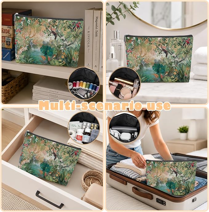 Green Tropical Jungle Animal Empty Mahjong Tile Bag 13x7.8 Inch | Nature Forest Printed Portable Travel Case Organizer Zipper Pouch for American Mahjong Tiles Game Night Accessories and Gifts