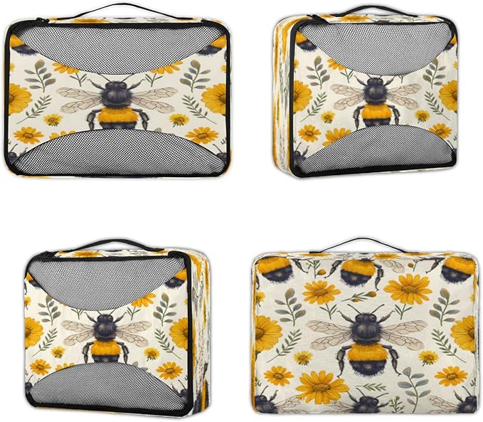 4 Set Packing Cubes for Travel, Bumble Bee Packing Cubes for Women, Travel Luggage Packing Organizers, Packing Cube Set, Honeybees Flowers