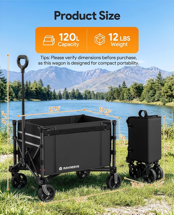 Collapsible Wagon with Wheels,120L Wagon Cart for Camping Groceries Beach | 220lbs Capacity Wagon Carts Foldablet,Smallest Folding Size,Lightweight Portable,Adjustable Handle,Transport long items