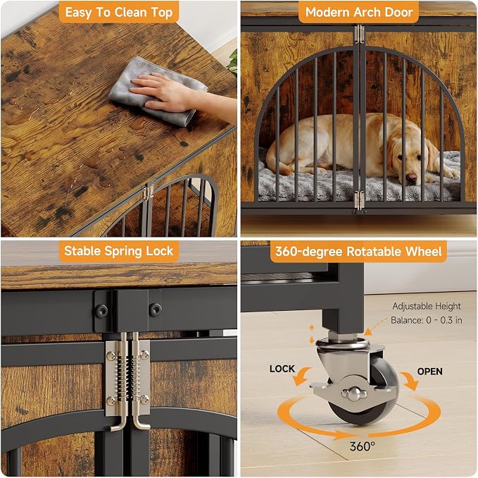 ONBRILL 43" Heavy Duty Foldable Dog Crate Furniture, Large Dogs, Brown | Fold it away when needed, while easy-glide wheels and spring locks add convenience to everyday use