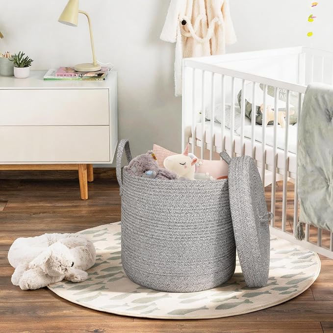 15”x13” Storage Basket with Lid, Blanket Storage for Living Room, Woven Cotton Rope Bin with Cover, Kids Dog Toy Box, Baby Laundry Basket with Lid, Covered Blankets Pillows Holder, Gray