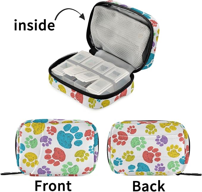 Watercolor Dog Paw Travel Pill Case Portable Weekly Pill Box Bag Container 7 Days Pill Organizer Vitamin Supplement Holder with Zipper for Family Business