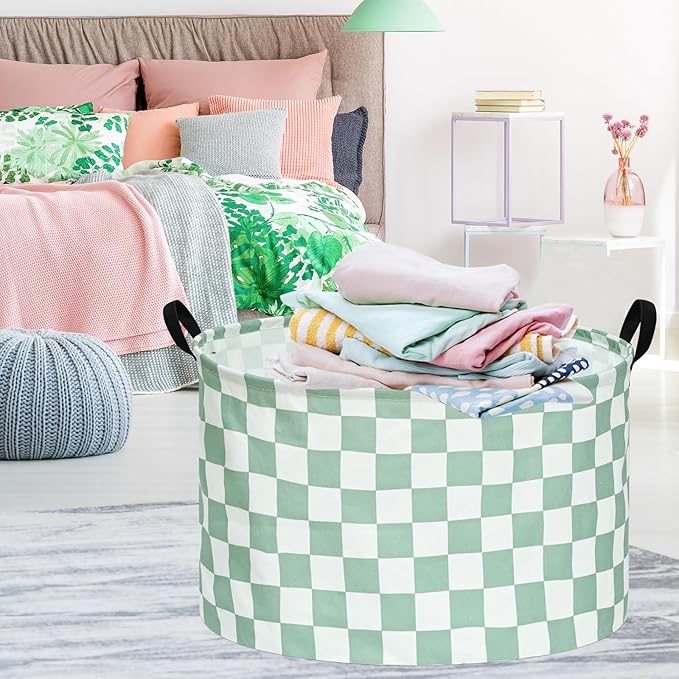 MAIZMZ Sage Checkered Storage Basket Extra Large 80L Kids Hamper Baby Laundry Basket Waterproof Toys Car Organizer Collapsible Canvas for Home/Dorm/Pet/Office/Closet/Shelf/Gift Baskets