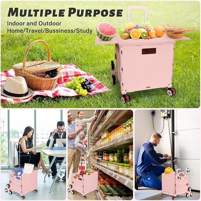 Foldable Utility Cart Collapsible Portable Crate Rolling Carts with Stair Climbing Wheels Tote Basket with Magnetic Lid Telescopic Cover Wear-Resistant 360°Rotate Wheel Noiseless for Shopping Office