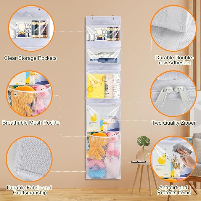 Over Door Organizer and Storage, Hanging Toy Holder with Removable Pouches | Toddler Room Wall Stuffed Animal Storage Bag Case, Kids Playroom Closet Back of Door Organization for Building Block, Puzzle