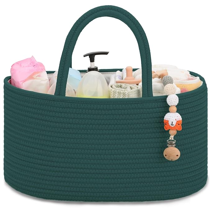 COMSE Baby Diaper Caddy Organizer with Handles, Cotton Rope, Dark Green