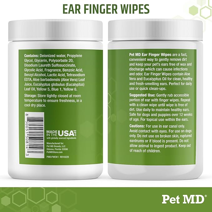 Pet MD Dog Ear Cleaning Wipes – Otic Cleanser for Dogs, Soothing Ear Care with Aloe Vera & Eucalyptus, Finger Wipes, 50 Count