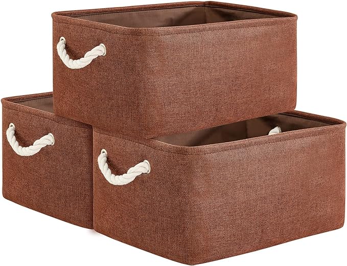 Decorative Basket Rectangular Fabric Storage Bin Organizer Basket with Handles for Clothes Storage (Brown,Large-3Pack,15.7L*11.8W*8.3H)