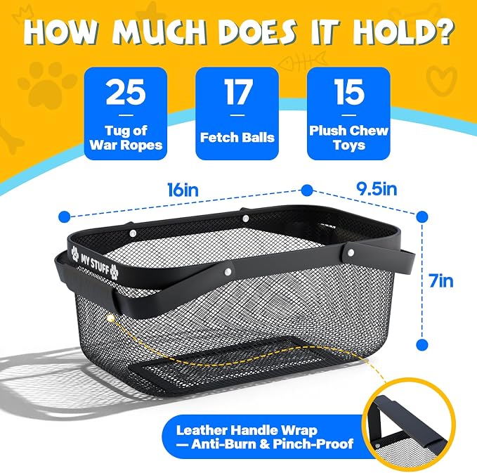 Metal Dog Toy Basket: Pet Toy Box Storage Bin for Living Room Area, Mesh Design and Sturdy 16 (L) x 9.5 (W) x 7 (H) inches