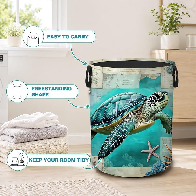 Laundry Basket,Sea Turtle Beach Foldable Clothes Hamper with Handles,Coastal Ocean Waterproof Oxford Cloth Storage Organizer for Bedroom Bathroom College Dorm,16" x 20"