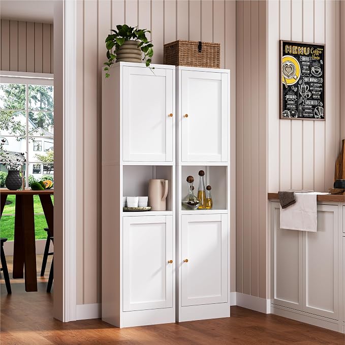 YAUWOH 2-Door Metal Storage Cabinet, Tall Slim Pantry Organizer with 3 Adjustable Shelves (120LBS/Shelf), Anti-Tipping Waterproof Cabinet for Bathroom/Kitchen/Home Office/Small Spaces, (1PC,White)