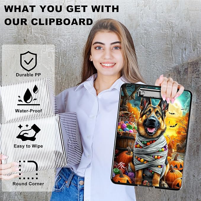 Heavy Duty Storage Clipboard, Slim Nursing Clipboard with Internal Pen Case, Portable File Organizer Case for A4 Letter Size Paper Office Medical Professionals, Pumpkin Puppy