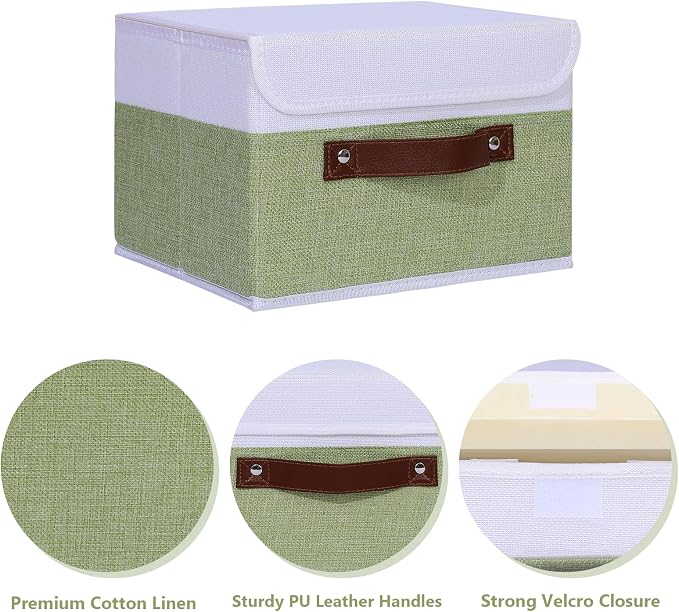 ANMINY Fabric Storage Box Bins with Lids, Green White, 10"x8"x7", 4 Pack | Keepsake Memory Storage, Cotton Linen, PP Board Reinforced, Washable, PU Handles, Foldable & Stackable, Decorative, Small