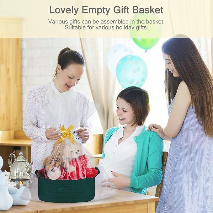 Small Empty Gift Basket with Bag & Ribbons, Dark Green | 12“x8”x5”, Cotton Rope Woven Basket for Birthdays, Baby Showers, Mother's Day, Christmas; Stores Small Items, Kids & Pet Toys