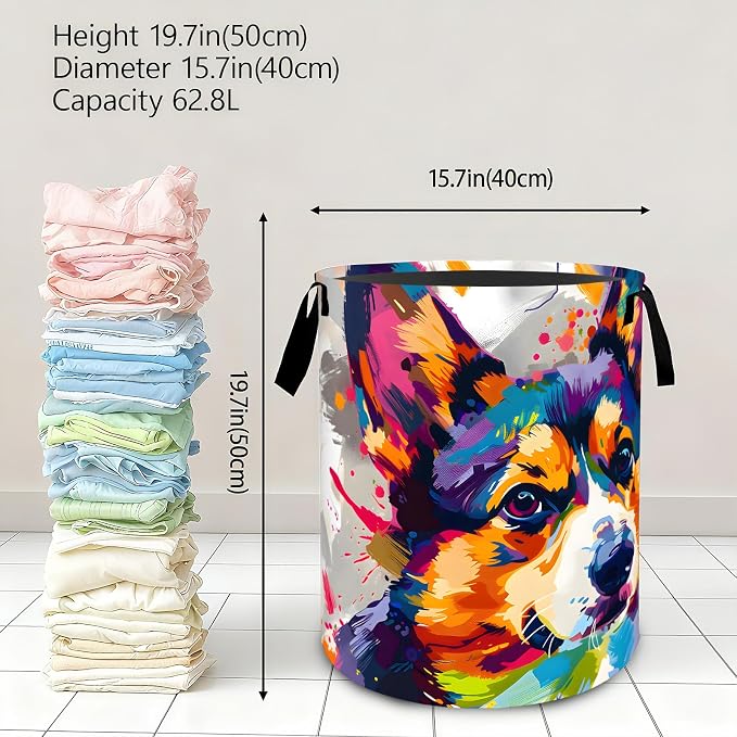Colorful Corgi Dog Laundry Basket,Dirty Clothes Hamper,Abstract Puppy Storage Bin,Pet Lovers Gifts,Foldable Waterproof Oxford Cloth Baskets for Bathroom,Bedroom,Home Decoration(19.7" x 15.7")