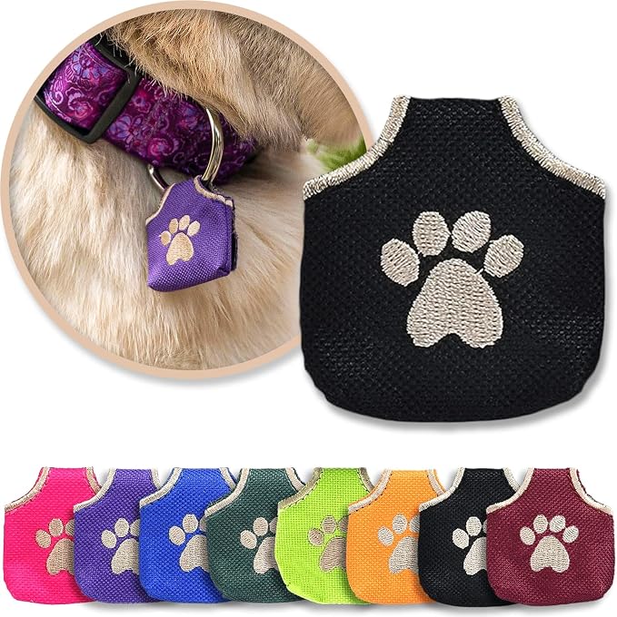 Woofhoof Dog Tag Silencer, Black Pawprint - Quiet Noisy Pet Tags - Fits Up to Four Pet IDs - Dog Tag Cover Protects Metal Pets IDs, Made of Durable Nylon, Universal Fit, Machine Washable