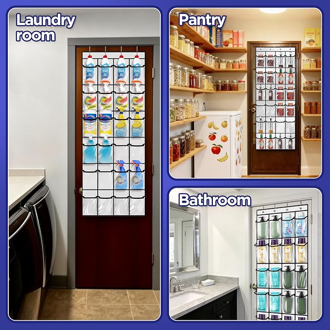 Clear Cleaning Supplies Organizer,Cleaning Products 24 Large Pockets | Over The Door All Purpose Cleaner Holder for Laundry Bathroom, Auto Glass Cleaner Organizer for Garage,Spray Bottle Holder