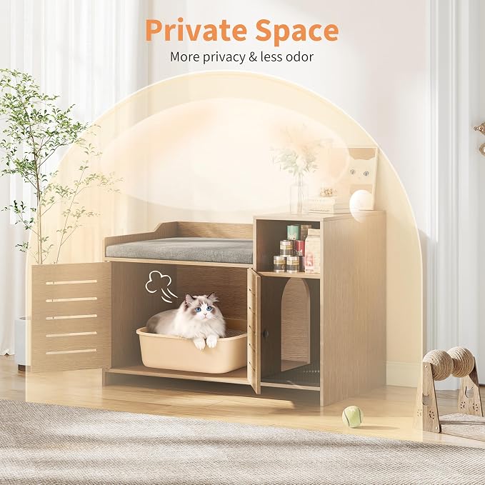 Cat Litter Box Enclosures, Large Hidden Cat Litter Box Furniture with Double Door, Wooden End Table Litter Box Cabinet with Storage Shelf, Cushion & Litter Mat, Dog Proof Design, Modern Cat House