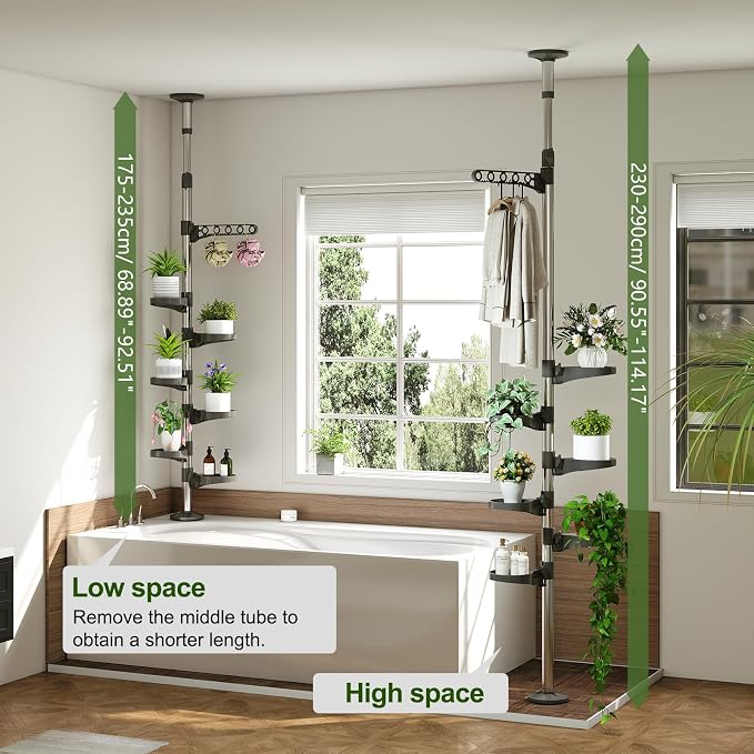 BAOYOUNI 7-Tier Plant Pole Tension Rod Expandable Flower Stand Grey | Adjustable 7.5-9.5ft Corner Storage Shelf,6 Trays + Hanger，360° Rotating Plant Display Rack ,No Tools Assembly