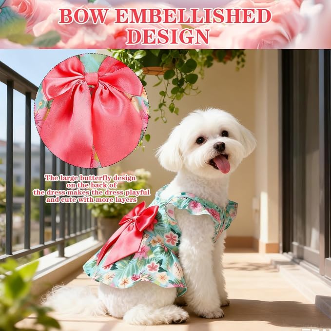 Dog Dress with Sleeve Ruffles, Floral Pet Dresses with Bow Tie for Small Meduim Dogs Puppy Cats Girl, Cute Princess Dog Dresses Skirt Clothes Outfits for Spring Summer, Green S