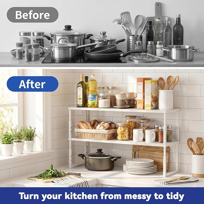 2 Packs Expandable Cabinet Shelf Organizer, Stackable Countertop Shelves | 15.8''- 25.5'' In Cabinet Shelf, Adjustable Kitchen Cabinet Organizer for Pantry Organizer, CupBoard Organizers and Storage