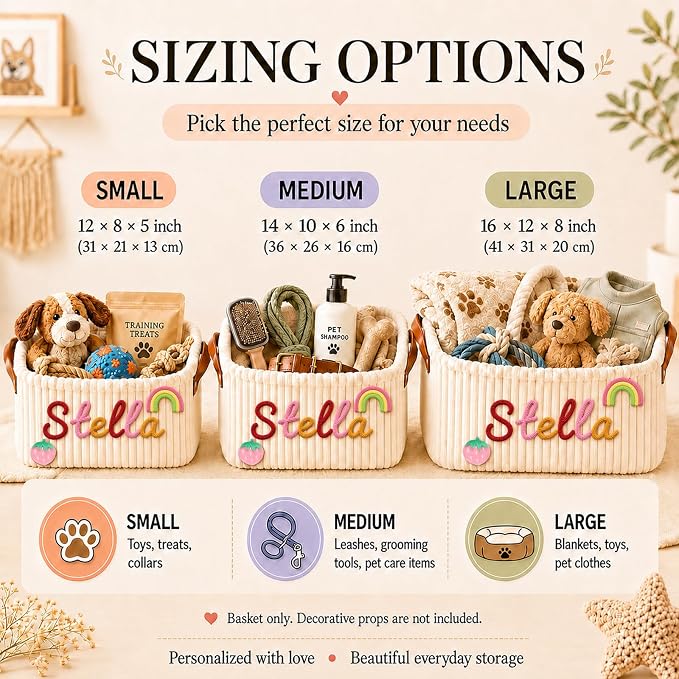 Personalized Pet Dog Cat Toy Storage Basket Bin with Embroidery Name & Icon | Custom Puppy Corduroy Storage Bins, Customized Dog Toy Box Organizer for Pet Supplies, Treats & Blankets, Pets Gifts Basket