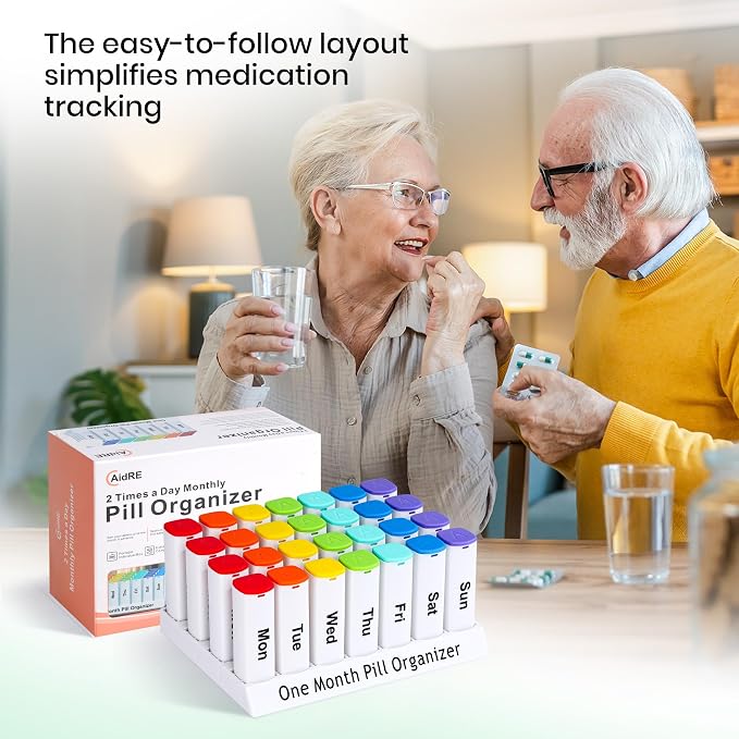 CAidRE 4 Week Medication Organizer, White Large Pill Case 2 Times a Day | Monthly AM PM Dispenser with Moisture Proof Seal for Supplements, Portable Daily Pods, Minimalist Look for Easy Reading