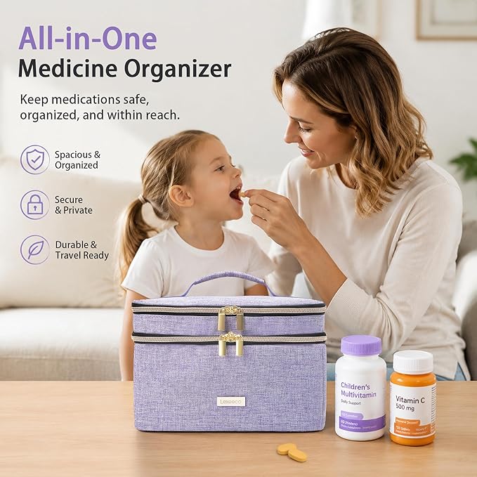 Lexeeco Travel Medicine Pill Bottle Organizer Bag with Portable Small Pouch | Medication Case with Lockable Zipper for Pill,Vitamin,Medicine Storage Box for College Dorm Student,Home,First Aid Bag Empty