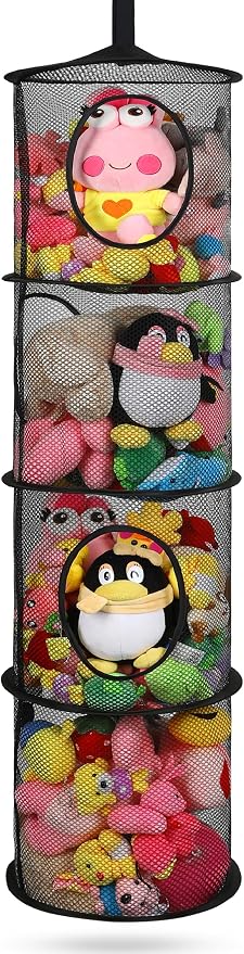 Hanging Stuffed Animal Storage Hammock Net 4 Tiers, Black | Hanging Mesh Storage Organizer for Kids Room, Holds Plushies, Gloves, Hats, Socks, Foldable Space-saving Design