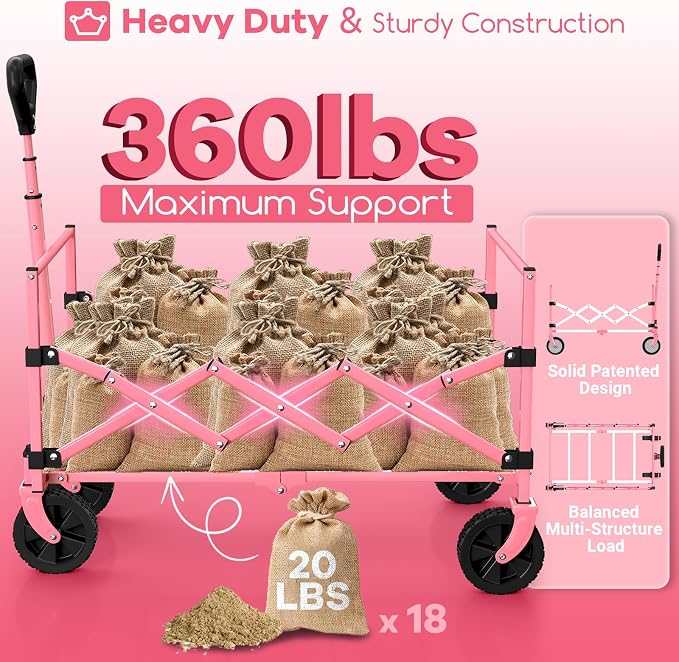 Originsure 110L Portable Collapsible Wagon Cart, 360lbs Heavy Duty, Pink | All-Terrain Wheels,Solid Steel Frame,Adjustable Handle,Compact&Space-Saving,Utility for Camping,Sports,Grocery,Garden