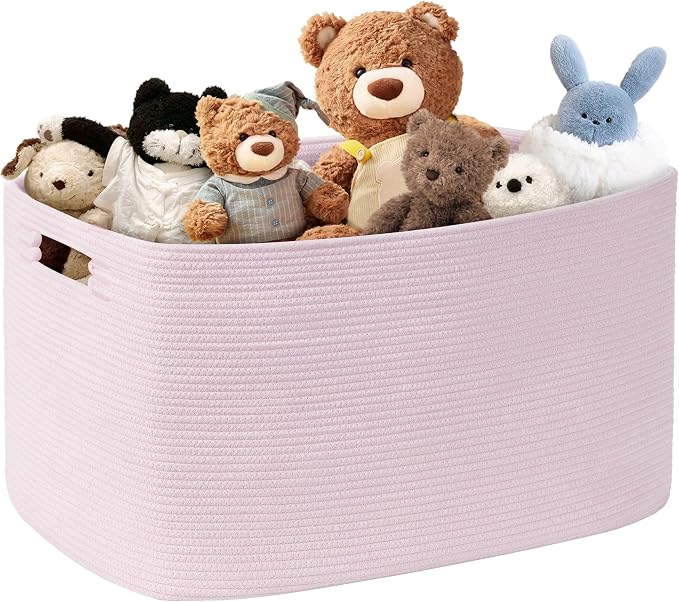 86L Large Woven Laundry Basket Hamper with Handles, Pink | collapsible wicker hamper, storage for dirty clothes, toys, blankets, gifts, living room, bedroom, bathroom, 24"x16"x14"