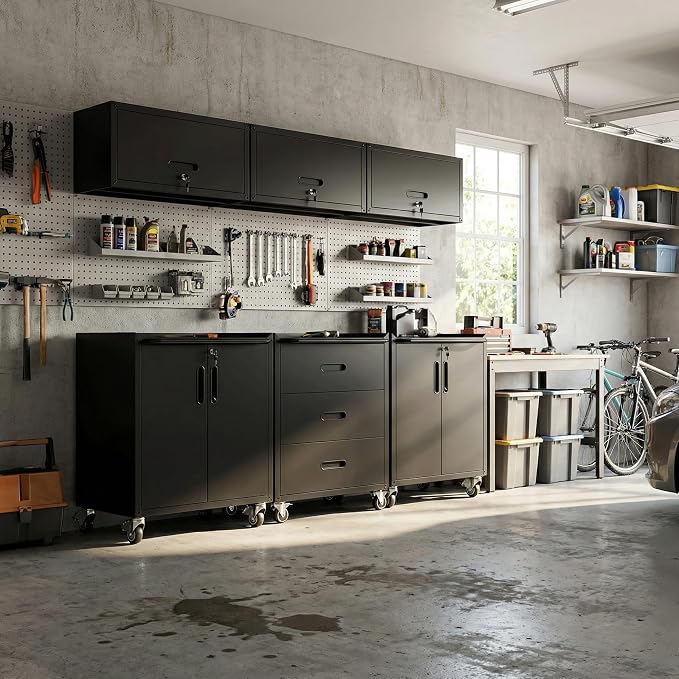 Garage Cabinet System | Heavy Duty Steel All-in-One Modular Garage Cabinet Set for Ultimate Workshop Organization | Easy Assembly Garage Storage Cabinets & Tool Bench