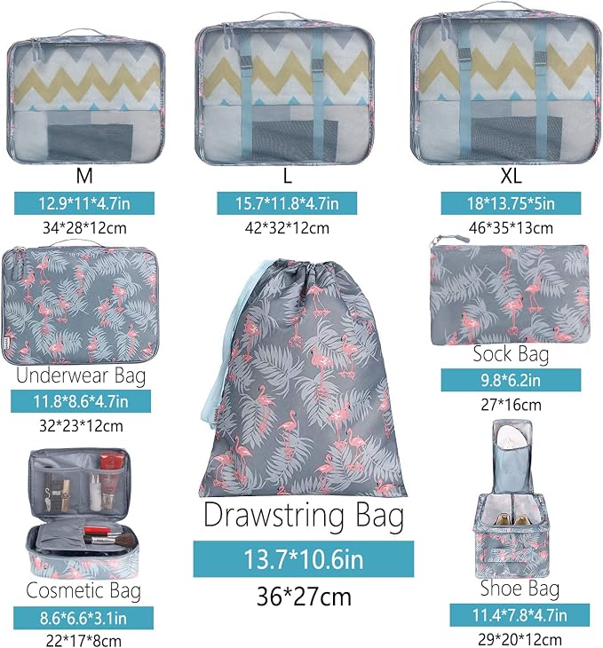 BAGAIL 8 Set Packing Cubes Luggage Packing Organizers for Travel Accessories-Red Flamingo