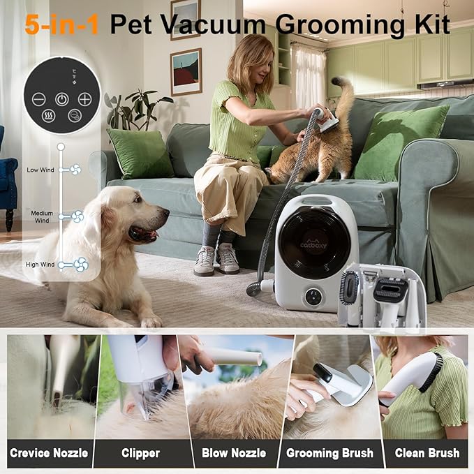 Dog Grooming Vacuum and Pet Dryer, 5-in-1 Dog Grooming Kit for Shedding, Low Noise Doggie Hair Blow Dryer, 2.5L Canister for Cat Vacuum Groomer, Portable Pet Trimmers for Dogs, White