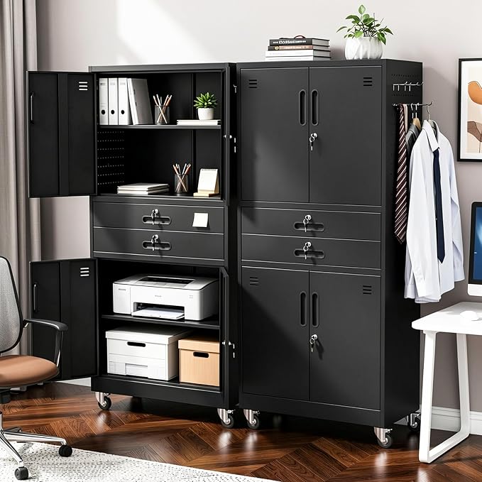 Metal Storage Cabinet for Garage, Tool Cabinet, Utility Cabinet | with Wheels, Tall Tool Cabinet, Lockable, 4 Doors,2 Drawers, Adjustable Shelves, Pegboard, Assembly Required, Black