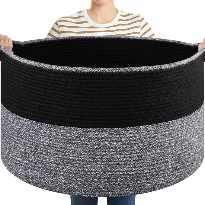 OIASKET Large Blanket Basket with Handles, 22.8" x 22.8" x 13" Woven Storage Basket for Living Room, Cotton Rope Baby Toy Storage for Clothes, Pillows, Towels-Black and Grey