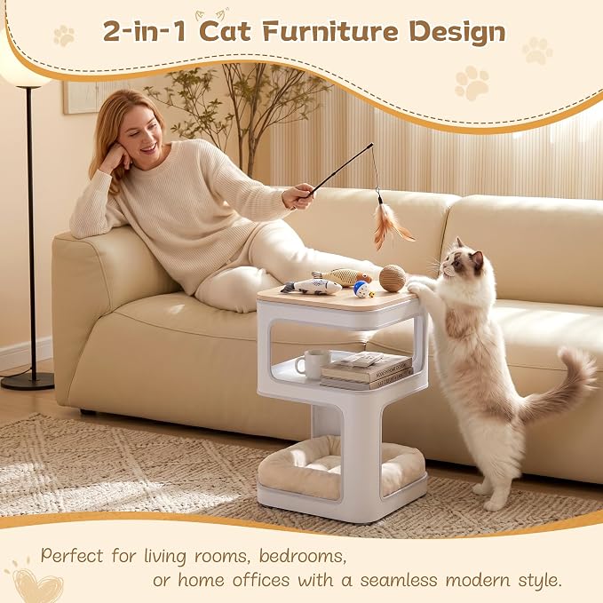 EUREKA ERGONOMIC Side Table Cat Beds, Square End Table with Cat House, Metal Nightstand with 3 Tier Storage, Modern Side Table End Beside Table for Living Room Bedroom Indoor, Easy Assembly, White
