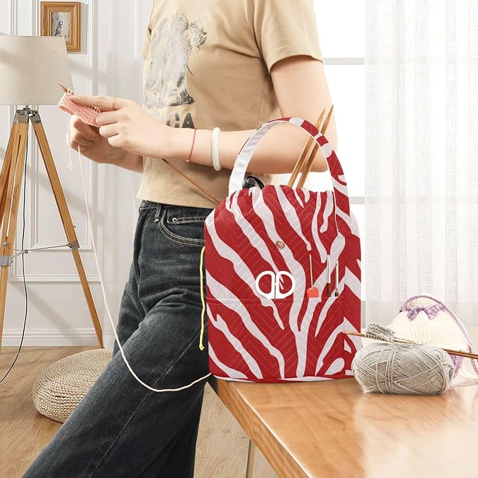 Tatenale Crochet Bag Yarn Bag Knitting Project Bag with Pockets and Handle Portable Yarn Storage Organizer Tangle Free 8.3x11 InchRed Zebra Print44