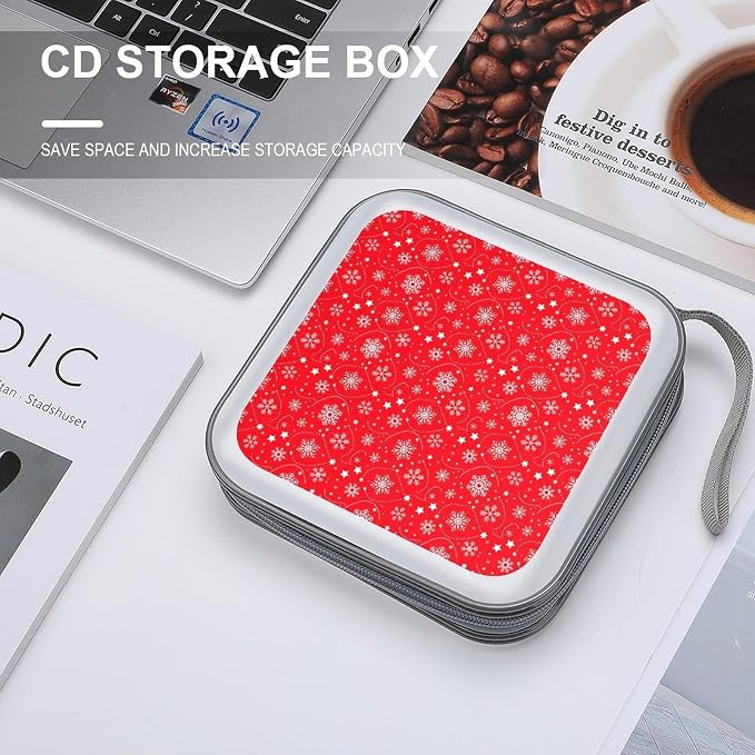 Portable CD/DVD Holder Snowflakes Christmas Red Print, 40-Capacity Hard Case with Zipper, Protective Storage Binder for Music Movies Game Discs