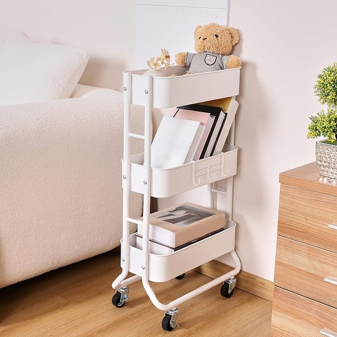 MAX Houser Slim 3-Tier Rolling Utility Cart with Extra Hook, White | Narrow Metal Bathroom Storage Multifunctional Organizer Carts with Wheels with Extra Hook, Laundry Room,Kitchen,Small Space