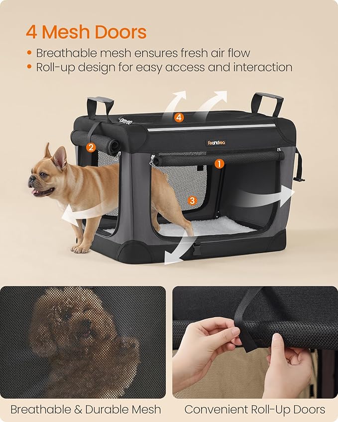 Feandrea Collapsible Dog Crate, Portable Travel Crate, 24-Inch | Oxford Fabric Pet Carrier with 4 Mesh Doors, Handles, Storage Pocket, Water Bottle Holder, UPDC016B01