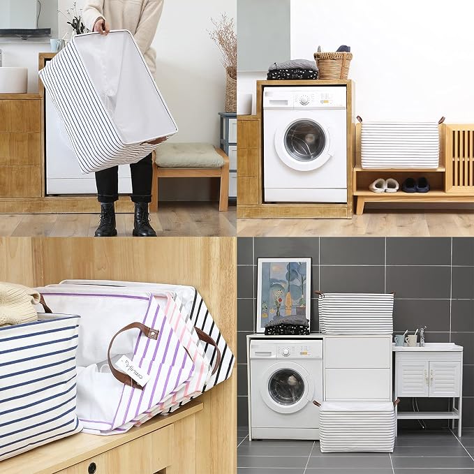Hinwo 70L Extra Large Canvas Storage Bin with Lid and Handles | Collapsible Fabric Basket, Closet Shelf Organizer, Container for Clothing, Blankets, Toys, Bedding (Gray Stripe)