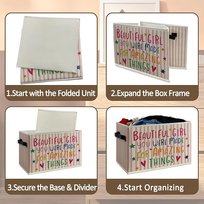 Girl Nursery Motivational Cube Storage Bins with Handles, Girls Affirmation Pink Collapsible Fabric Storage Basket Boxes Books Clothes Organizer for Girl Nursery Room Bedroom Bathroom
