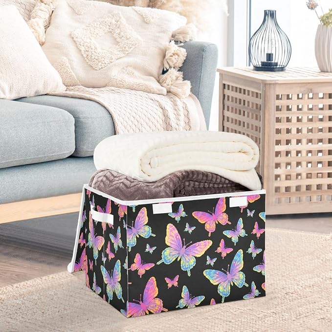 Butterfly Storage Bin Foldable Collapsible Fabric with Lid Handles 40L | Decorative Storage Boxes, 300D Oxford Cloth, Hollow Board Frame, Flip Top Velcro Lid, 16.5x12.6x11.8 inch, Collapsible Design