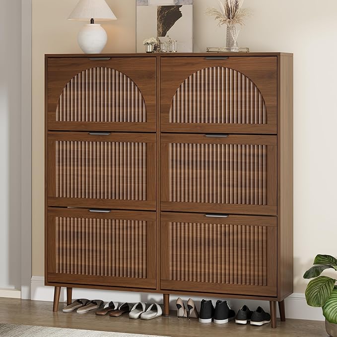 Shoe Storage Cabinet with 6 Flip Drawers, Narrow Wood Shoe Organizer Cabinet with Fluted Panel, Slim Shoe Rack for Entryway, Freestanding Shoe Cabinet for Living Room, Hallway, Walnut