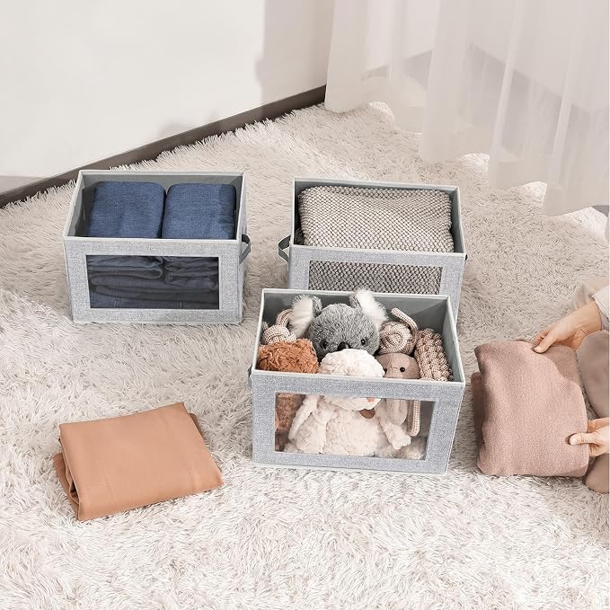 Storage Baskets with Lids, 4 Pack Large Box Organizer with Window, Fabric Storage Cubes Bins for Closet, Collapsible Organizer Bins for Bedroom, Living Room, Dorm, Blended