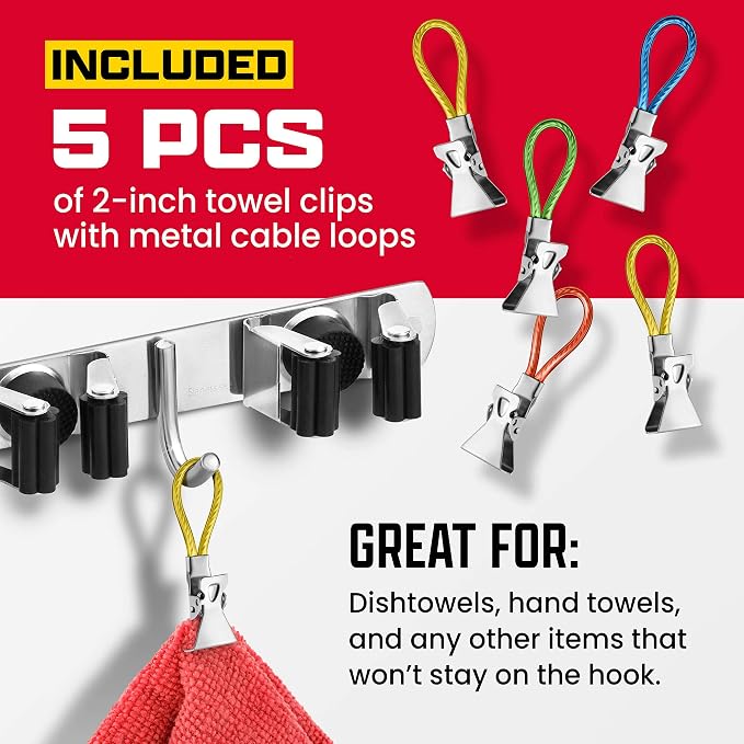 2 Pack Wall Mount Hanger for Brooms & Mops - Adhesive Stainless Steel Mop Hanger for Wall, 4 Clamps, 3 Hooks, 10 Towel Hanger Clips Including Mounting Hardware for Tools Organization