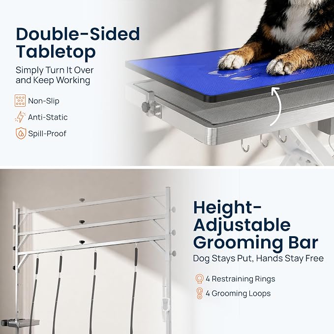 Professional Electric Dog Grooming Table - Heavy Duty | Height Adjustable Pet Grooming Table w/Leveling Wheels, Dog Grooming Arm, Anti-Slip Tabletop & Tool Organizer (White, 49")